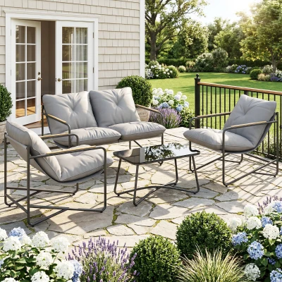 Outsunny Salon Jardin Métal Gris Clair 4 Places avec Coussins