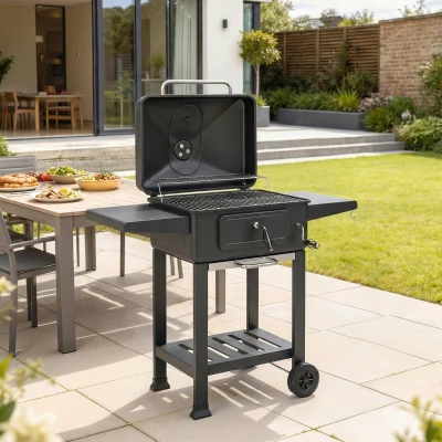 Outsunny Barbecue Charbon XXL 112cm avec Couvercle Noir