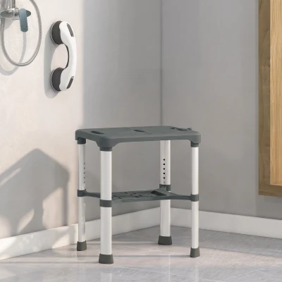 HOMCOM Tabouret Douche Hauteur Ajustable Étagère Barre Gris