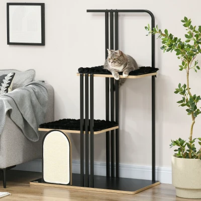 PawHut krabpaal, industrieel ontwerp, 2 platformen, 2 kussens, kraswand, stalen frame, zwart, 85 x 48 x 128 cm