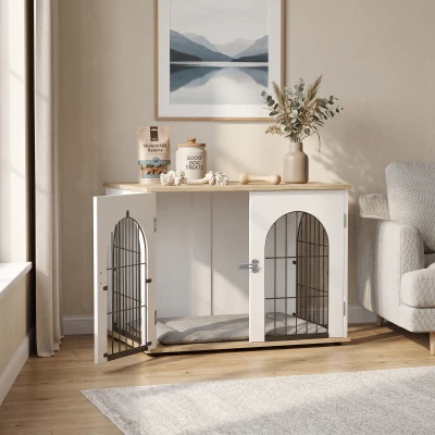 PawHut Jaula para Perro Mueble Jaula Perro Interior Arco con Puerta Doble como Mesa Auxiliar en Metal 80x56x59 cm Blanco