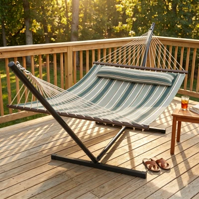 Outsunny Hamac 353cm Vert avec Support Acier et Coussin