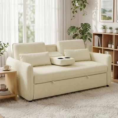 HOMCOM Canapé Convertible 2 Places Chenille Beige Dossier Réglable