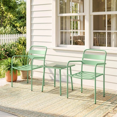Outsunny Ensemble Bistro 3pcs Acier Vert Table Verre 2 Chaises