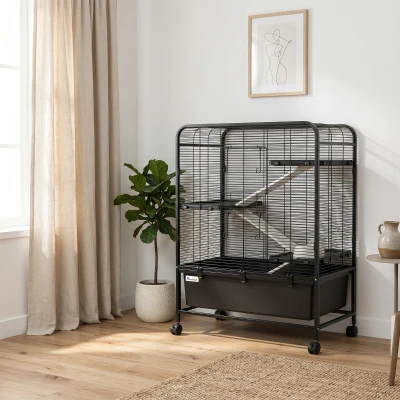 PawHut Cage Lapin 4 Niveaux Acier Noir Roulettes Bac Amovible