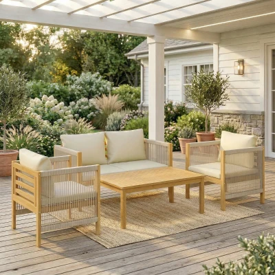 Outsunny Ensemble Salon Bois 4 Places Canapé Fauteuils Table Coussins