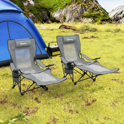 Outsunny Chaises Camping Pliantes 4 Positions Repose-Pieds Gris 2pcs