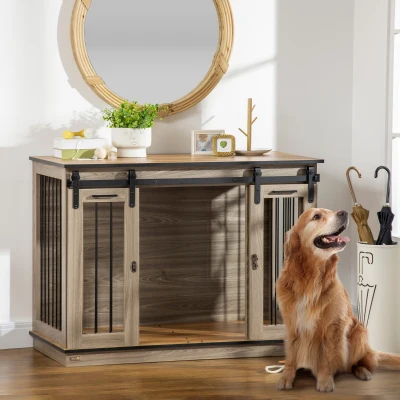 PawHut hondenkooi met 2 deuren, hondenbox, rustiek design, vergrendelbaar, bruin