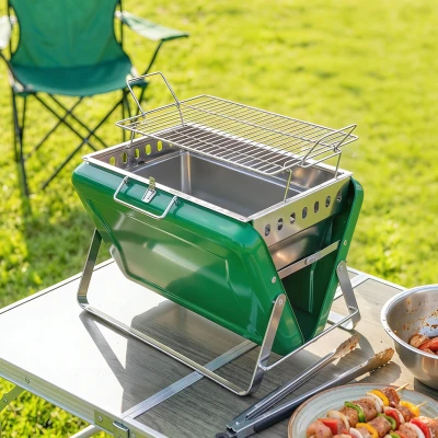 Outsunny Barbecue Portable Charbon Bois Pliable Vert Camping