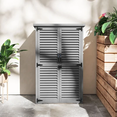 Outsunny Armoire de Jardin Bois Gris 2 Étagères Toit Bitumé