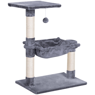 PawHut Kattenboom 3 verdiepingen krabpaal kattenbed met hangmat sisal paal pluche grijs
