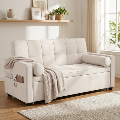 HOMCOM Canapé Convertible 2 Places Beige avec Lit Gigogne