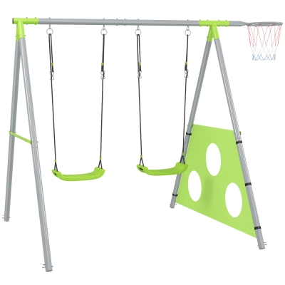 AIYAPLAY Schaukelset für Kinder, 2 Schaukelsitze, 1 Basketballkorb, 1 Fußballtor, Metallrahmen, Grün