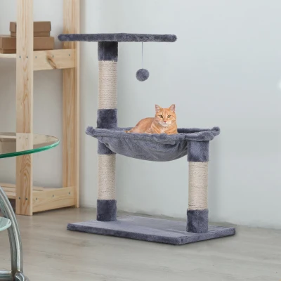PawHut Kattenboom 3 verdiepingen krabpaal kattenbed met hangmat sisal paal pluche grijs