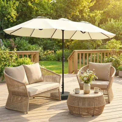 Outsunny Parasol Double 3x1,5m Beige avec Base et Housse