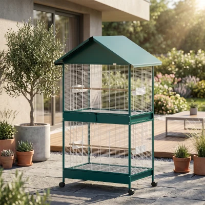 PawHut Cage Oiseaux Métal Séparateur Roulettes Mangeoires Perchoirs
