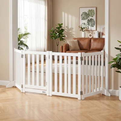 PawHut Barreira de Segurança para Cães Dobrável Reversível em Madeira 4 Painéis com Porta Pés de Apoio 205x60 cm Branco