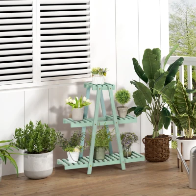 Outsunny plantenrek, bloemenrek met 3 treden, plantentrap voor 6 bloempotten, plantenstandaard voor tuin, balkon, hout, lichtgroen, 76 x 26 x 76 cm