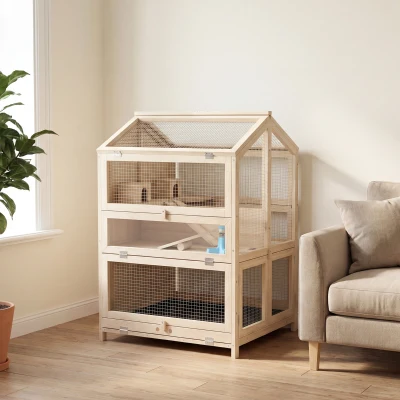 PawHut Cage Hamster Bois 3 Niveaux avec Bac Amovible Naturel