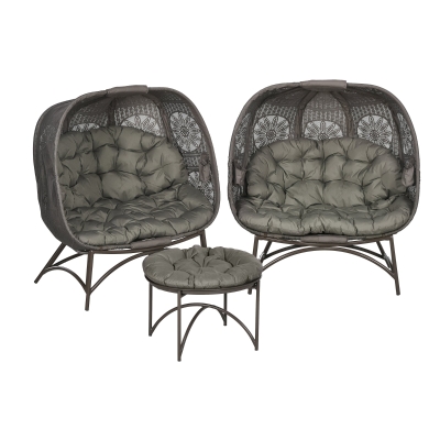 Outsunny Tuinmeubelset, 2 rieten stoelen met bijzettafel, inklapbaar, zitkussens, metalen frame, kleur: zand