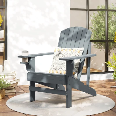 Outsunny Fauteuil de Jardin Adirondack Grand Confort, Porte-Gobelet Intégré, Bois de Sapin Traité Peint, 72x95x93cm, Gris Foncé