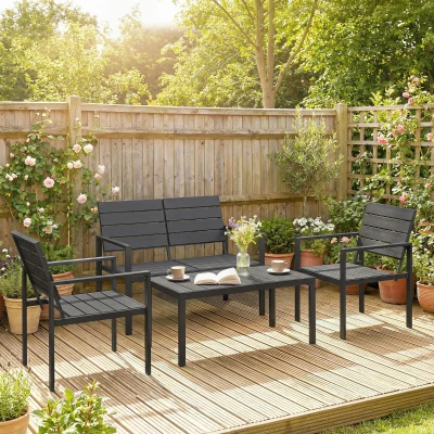 Outsunny Salon de Jardin 4 Pièces Noir Canapé, Chaises, Table Basse