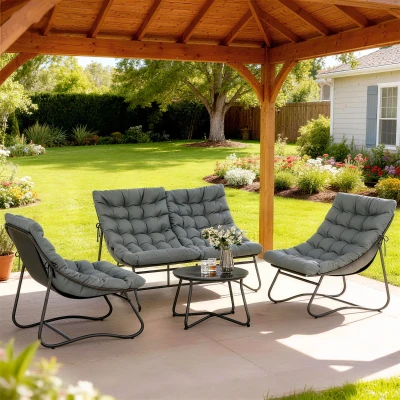 Outsunny Salon de Jardin 4pcs Acier Textilène Gris Coussins 8cm