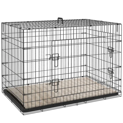 PawHut Jaula para Perros Plegable con Cojín Puertas Bandeja Extraíble y Marco de Alambre Metálico 106×71,5×76 cm Negro y Beige