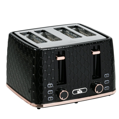 HOMCOM 4-Scheiben-Toaster mit 7 Bräunungsstufen, High-Lift, Aufwärmen/Auftauen/Abbrechen, 1860W, Schwarz mit Wabenstruktur