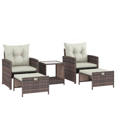Outsunny Rattan Tuinmeubelset 5-delig Balkonmeubelset met 2 Stoelen, Kussens, Voetenbankjes, Tafel, Opbergruimte Crème