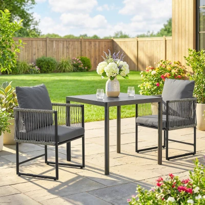 Outsunny Tuinstoel set van 2 weerbestendige tuinstoelen van staal en PE-rattan met kussen armleuning rugleuning 52x52x66 cm Donkergrijs