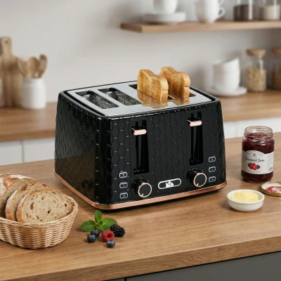 HOMCOM 4-Scheiben-Toaster mit 7 Bräunungsstufen, High-Lift, Aufwärmen/Auftauen/Abbrechen, 1860W, Schwarz mit Wabenstruktur
