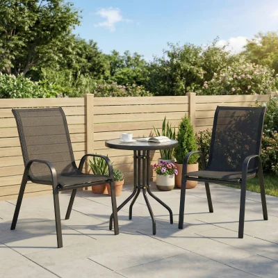 Outsunny Bistro-set 3-delig Weerbestendig tuinmeubelset met glazen tafel Stapelbare tuinstoelen Zwart