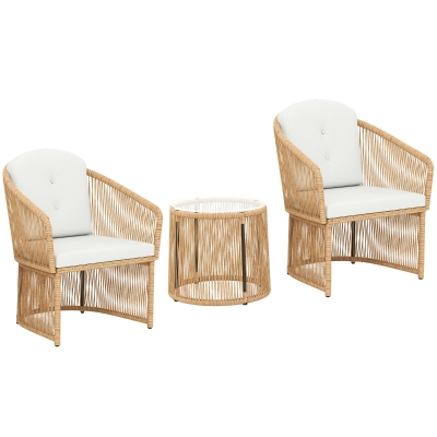 Outsunny Rattan-bistroset, 3-delige tuinmeubelset met ronde glazen tafel, stoelen en kussens, crème