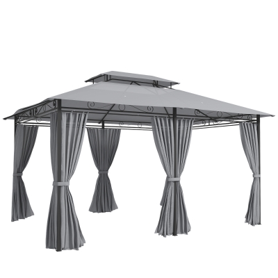 Outsunny Tuinpaviljoen, Outdoor Paviljoen met Gordijnen, Geventileerd Dak, Donkergrijs