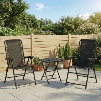Outsunny Bistro Set 3-delig van Staal Weerbestendig Tuinmeubelset inklapbaar Bistrotafel Bekerhouder Tuinstoelen Zwart