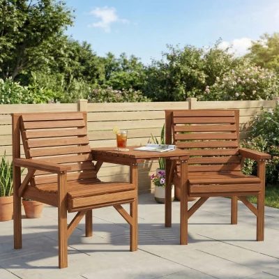 Outsunny Bistro-set 3-delig van hout, weerbestendig tuinmeubelset met lamellenontwerp en parasolgat Verkoold