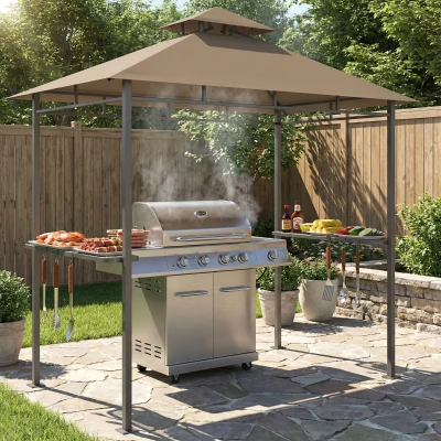 Outsunny Abri Barbecue Métal 245x146cm Double Toit Marron