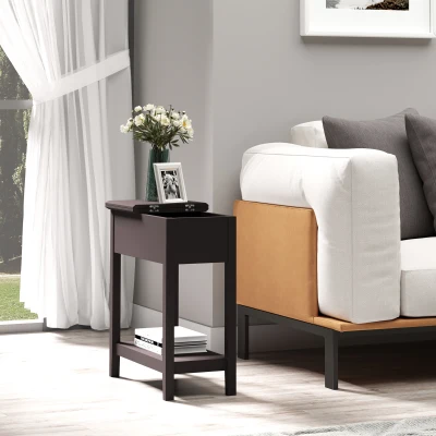 HOMCOM Narrow Side Table with Flip Top Shelf Dark Coffee