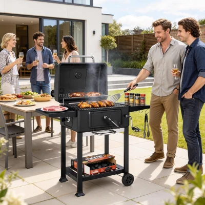 Outsunny Houtskoolgrill BBQ Smoker met deksel thermometer verstelbare kolenbak schoorsteen grillrooster zijtafel aslade
