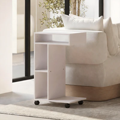 HOMCOM Table d'Appoint C avec Roulettes et Rangement Blanc
