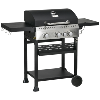 Outsunny Gasgrill, BBQ-Grill, 4 Hauptbrenner, 1 Seitenkocher, 1 Warmhalteplatte; 123 x 52 x 101cm, Schwarz