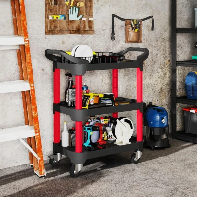 HOMCOM Gereedschapswagen met 3 Niveaus, Zijhandvatten, Wielen, Kunststof, Zwart