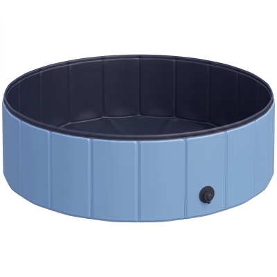 PawHut Hundebadewanne faltbar Hundepool Schwimmbecken Swimmingpool Plantschbecken Badewanne für Hunde & Katzen Wasserbecken aus Kunststoff, Holz Ø100 x H30 cm Blau