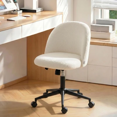 HOMCOM Silla de Oficina Giratoria de Borreguito Regulable en Altura con Ruedas Espuma de Confort Crema