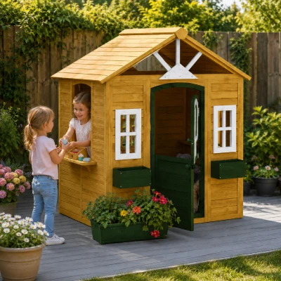 AIYAPLAY Wooden Kids Playhouse with Door & Windows, Garden