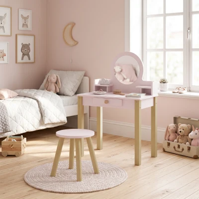 AIYAPLAY Coiffeuse Enfant Bois Rose avec Miroir et Tabouret 3-6 Ans