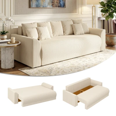 HOMCOM Schlafsofa 230 cm 3-Sitzer Sofa mit Schlaffunktion, Kissen, Stauraum, Cord-Optik für Wohnzimmer, Beige