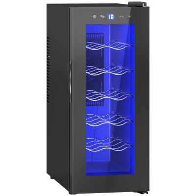 HOMCOM Cave de Vinhos 12 Garrafas com Dupla Refrigeração Termoelétrica Temperatura Ajustável 8-18℃ Porta de Vidro Anti-UV Ecrã LED Luz Interior Preto