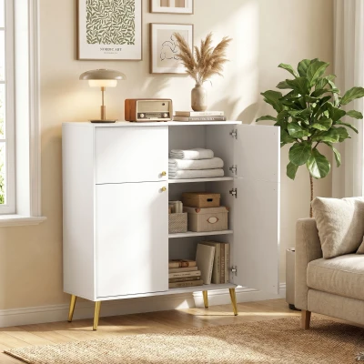 HOMCOM Aparador moderno, buffet de 105,4 cm con 4 puertas de cierre suave y patas metálicas, para comedor y cocina, blanco crema